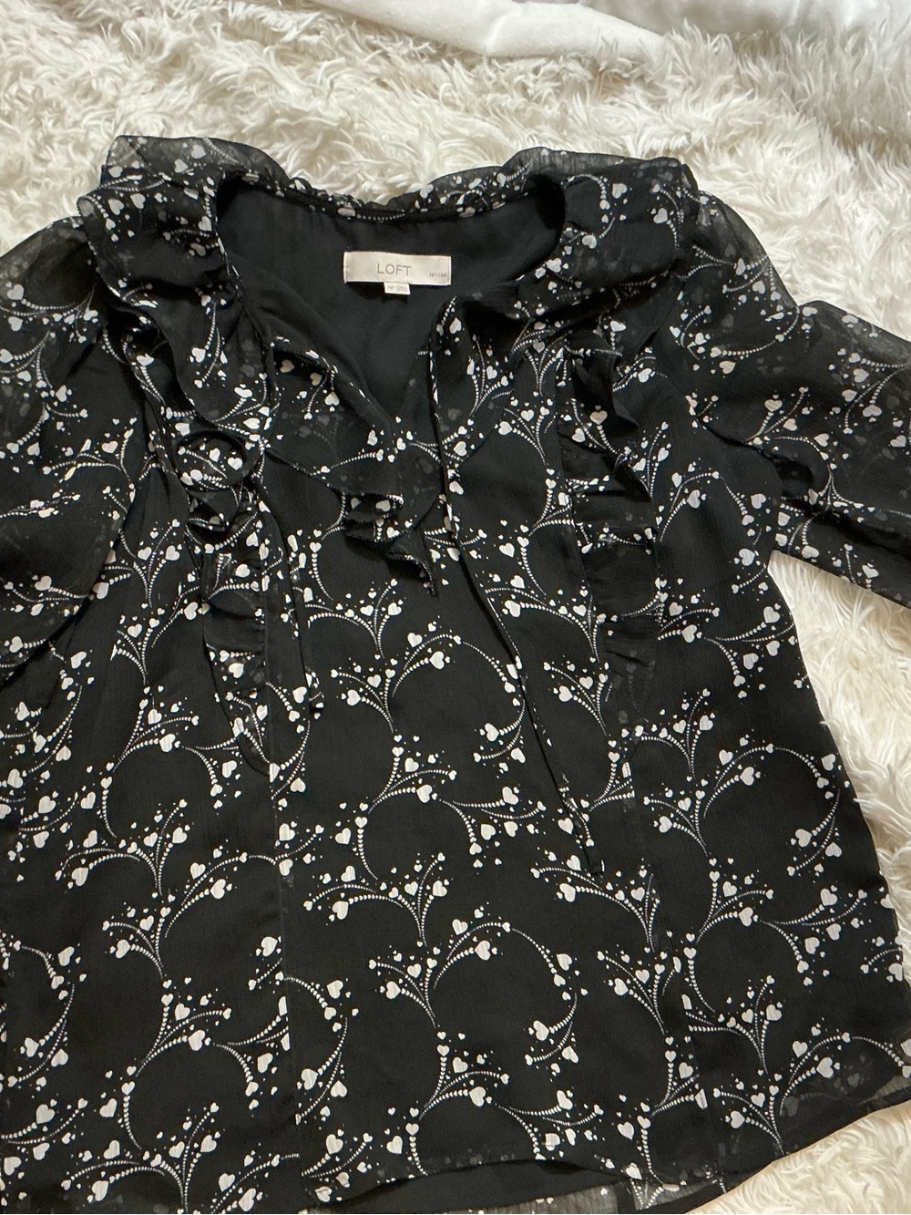 🔥 LOFT Black White Floral Sheer Chiffon Ruffle Blouse Long Sleeve PM